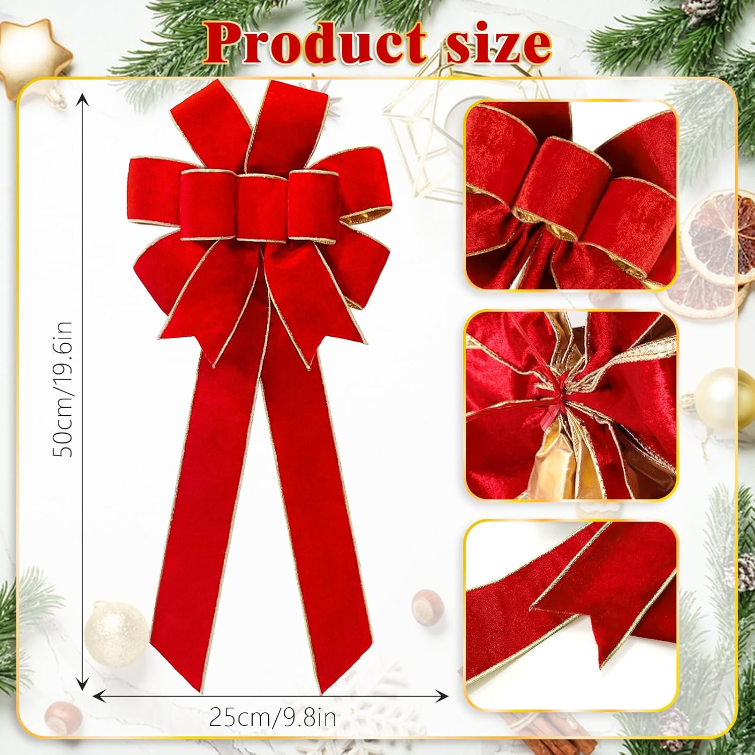 Red Velvet Christmas Bows - Gold Wired Decorative Bows for Wreaths, Trees & Outdoor Use | Gift Box Included
