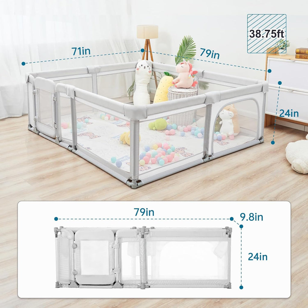 Sweeby Foldable Baby Playpen - Extra Large 79x71 Play Yard with Door & Mat | Light Grey