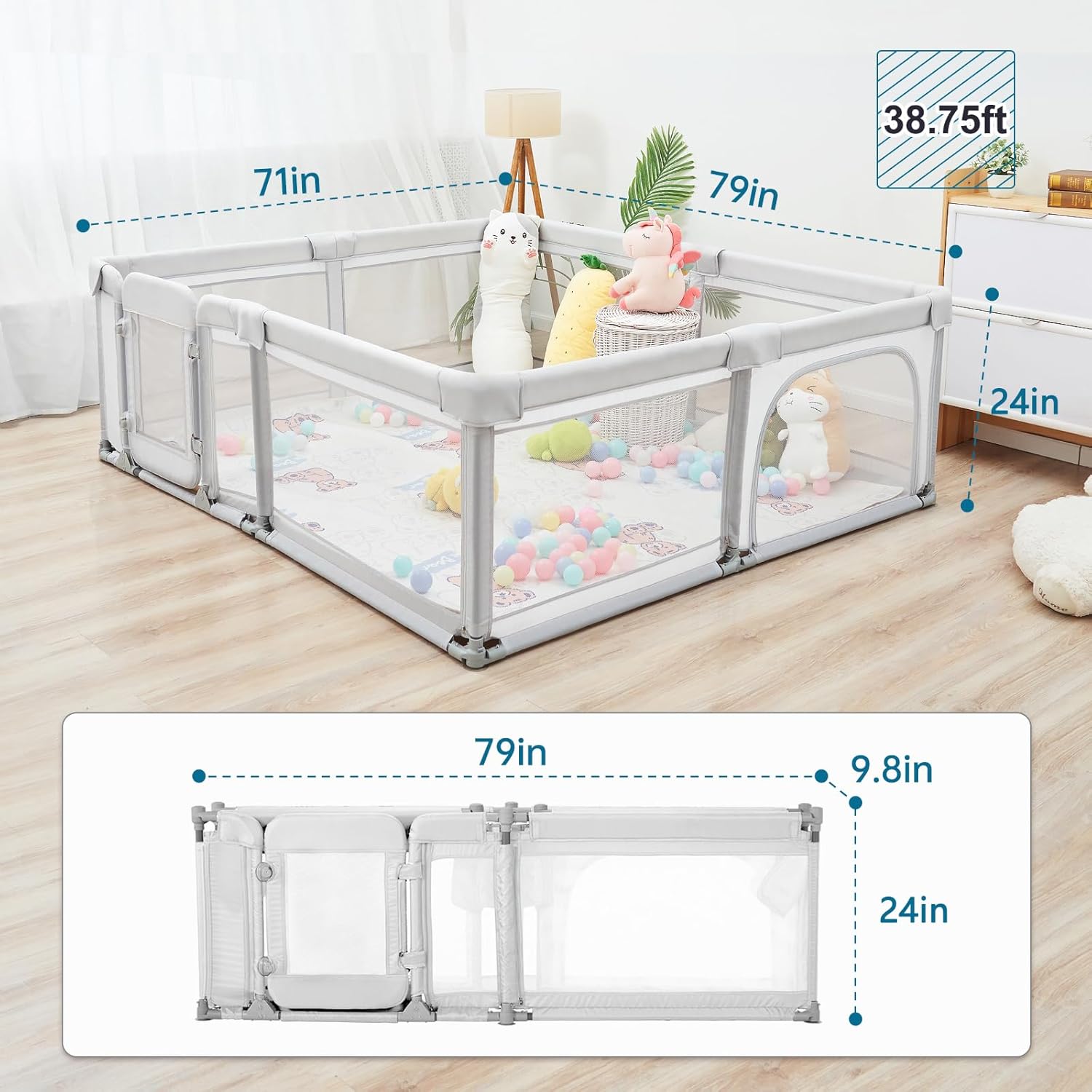 Sweeby Foldable Baby Playpen - Extra Large 79x71 Play Yard with Door & Mat | Light Grey
