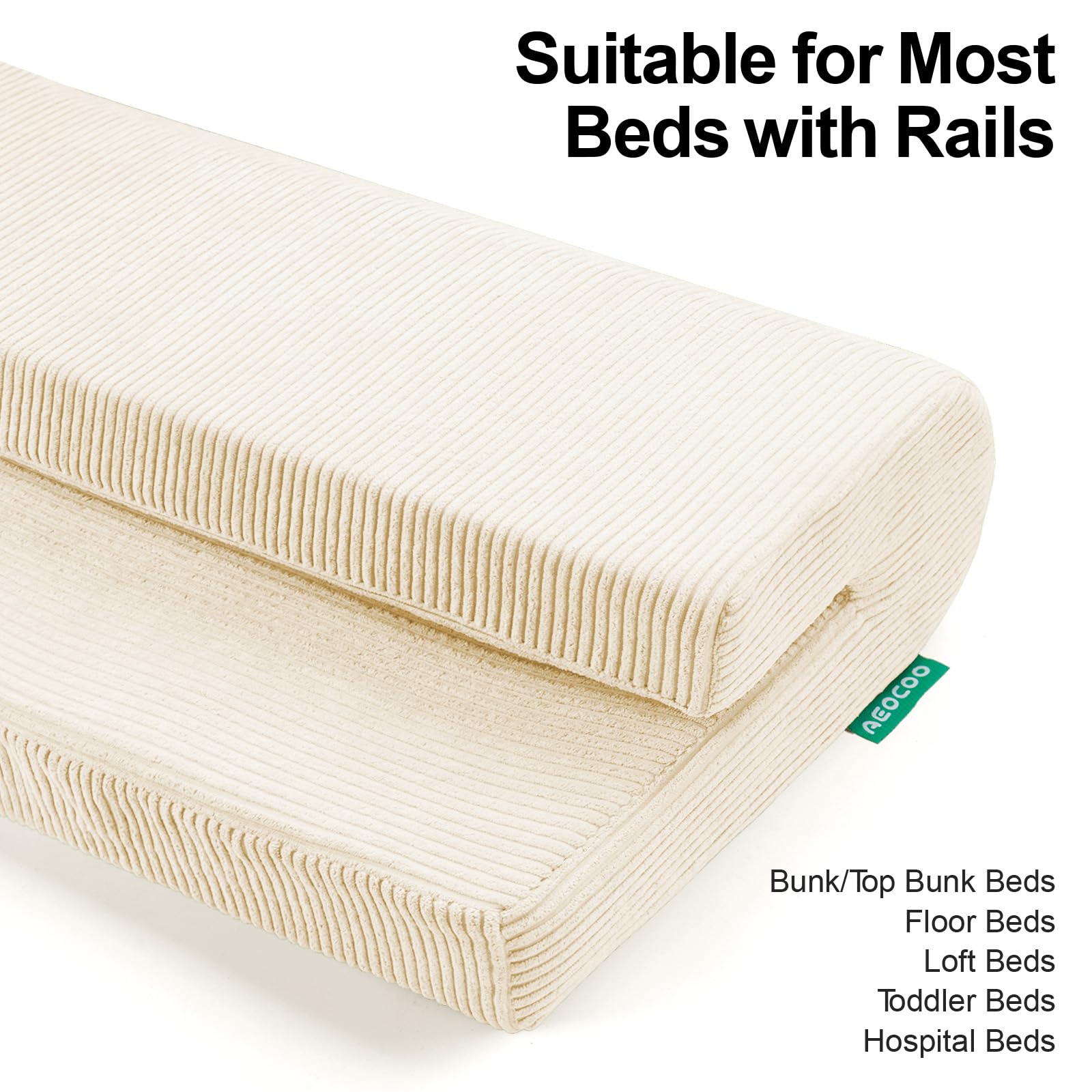 AEOCOO Bed Bumpers for Toddlers, Size 3 Ft, Toddler Bed Rail Bumper Protector for Loft Beds & Bunk Beds, Premium Soft Memory Foam Bed Guardrail, Anti-Bump | Fall Prevention, Beige