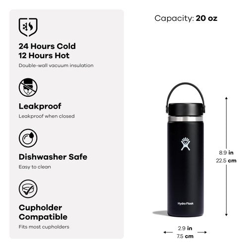 Hydro Flask Water Bottle - Insulated Stainless Steel - Wide Mouth Flex Lid, Non Spill, Leakproof and Refillable in 20 Oz Aloe Green