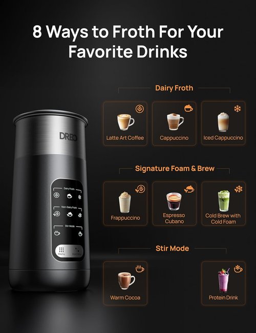 DREO Electric Milk Frother - 8-in-1 Stainless Steel for Latte Art & Coffee | 9oz Warm & Cold Foam