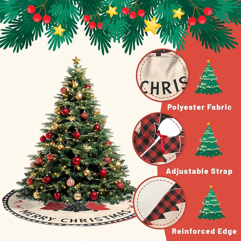Buffalo Plaid Christmas Tree Skirt 30 Inch - Red & Black Snowflake Reindeer Xmas Mat, Xmas Tree Decor - Variation: Buffalo Plaid+30 inch