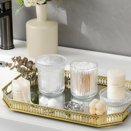 rejomiik Glass Qtip Holder Dispenser 2 Pack, Bathroom Canister Apothecary Jars with Lids, Vanity Makeup Accessories Storage Organizer for Cotton Swabs, Cotton Balls, Pads, Floss Picks, Clear