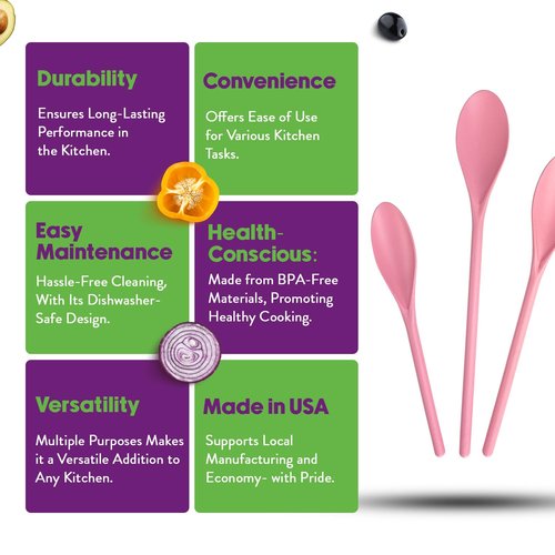 Crisp 3 Piece Poly Mixing Spoon Set - Durable Kitchenware Cooking Spoons - Kitchen Spoons - Dishwasher Safe & Mixing Stirring Spoon For Kitchen - Made in the USA - Pink