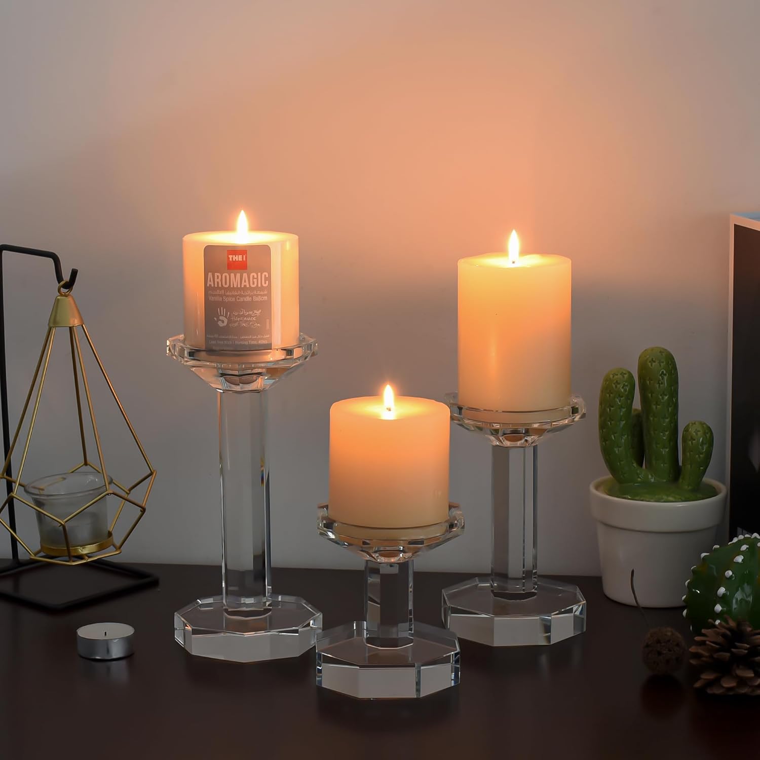 Skiennix Crystal Candlestick Holders - Set of 3 Clear Holders for Taper & Pillar Candles | Elegant Table Centerpieces (4''/6''/8'' Tall)