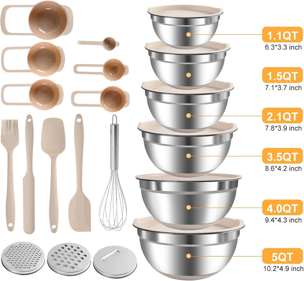 Skiennix Mixing Bowls Set - 20 PCS Kitchen Gadgets with Airtight Lids & Non-Slip Silicone Bottoms | Khaki