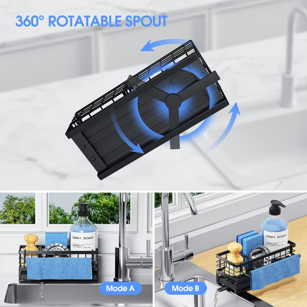 Rustproof Kitchen Sink Sponge Holder by [Brand Name] - Non-Slip Self-Draining Metal Caddy with Detachable Dish Cloth Holder (Black)
