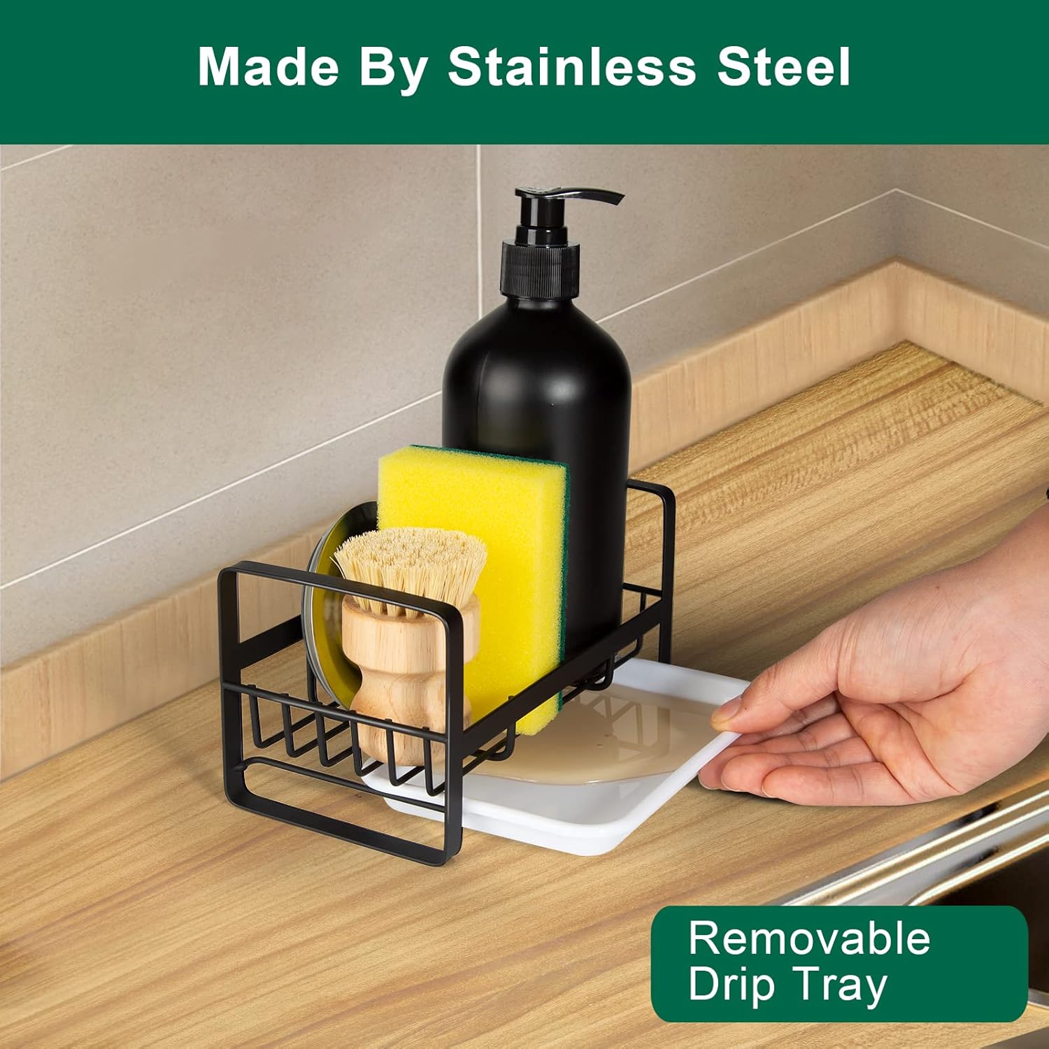 TEZZ Stainless Steel Sponge Holder - Kitchen Sink Caddy for Organizing Sponges, Brushes & Soap | Black