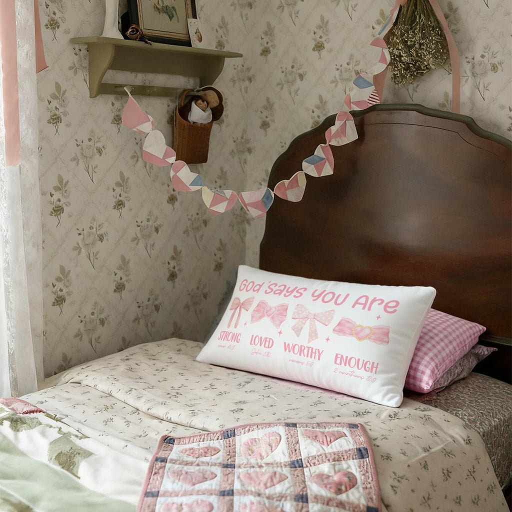 Pink Bow Coquette Throw Pillow Cover - 12x20 Inspirational Decor for Girls' Rooms & Dorms