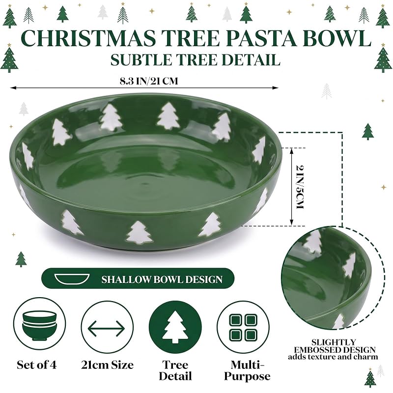 Christmas Tree Ceramic Pasta Bowls Set of 4 – Green with White Tree Pattern, 40 oz