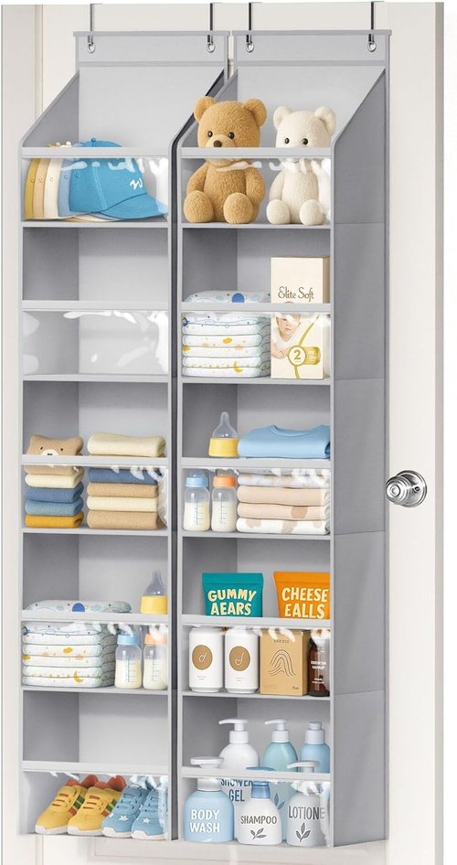 AOODA Over The Door Organizer - Large Capacity Hanging Storage with Clear Deep Pockets | Ideal for Nursery, Bathroom, Bedroom, and Pantry (Grey)