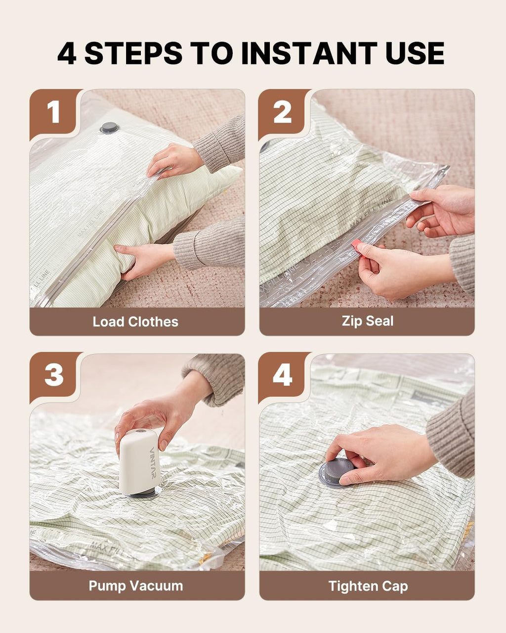 VINTAR Vacuum Seal Bags - 24 Pack Space Saver Set with Rechargeable Cordless Pump for Travel & Storage