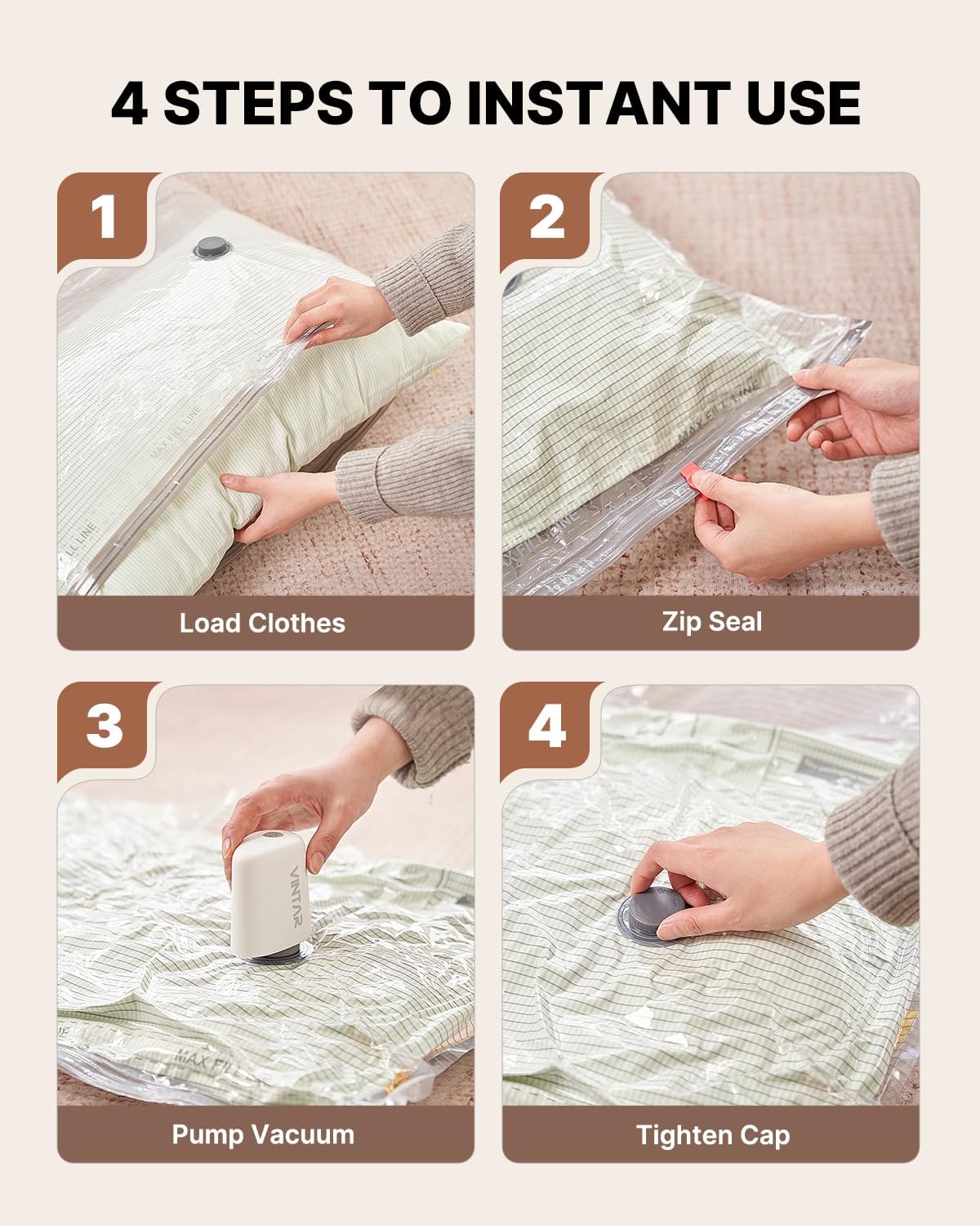 VINTAR Vacuum Seal Bags - 24 Pack Space Saver Set with Rechargeable Cordless Pump for Travel & Storage