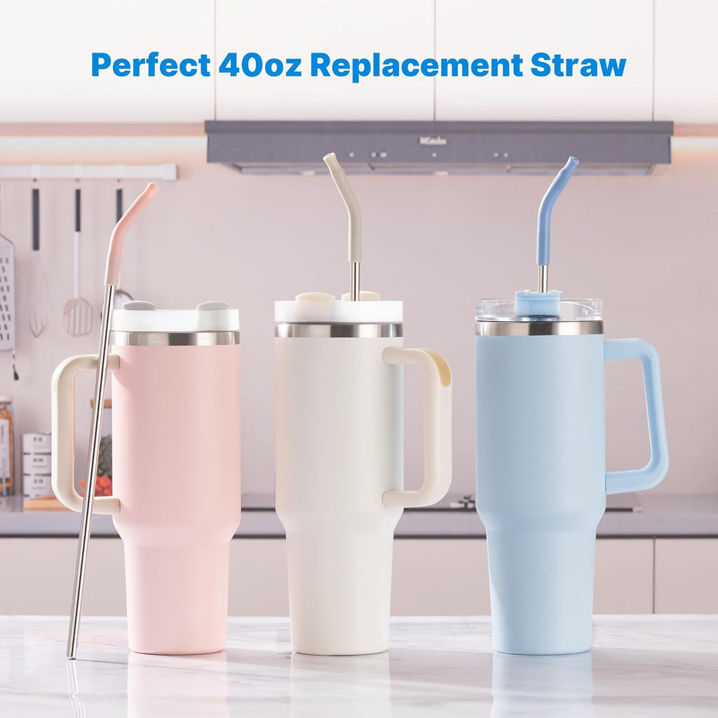 Skiennix Metal Straw Set - Silicone Tip for 40oz Stanley Cup | 2 Stainless Steel Straws + Brush (Light Pink)
