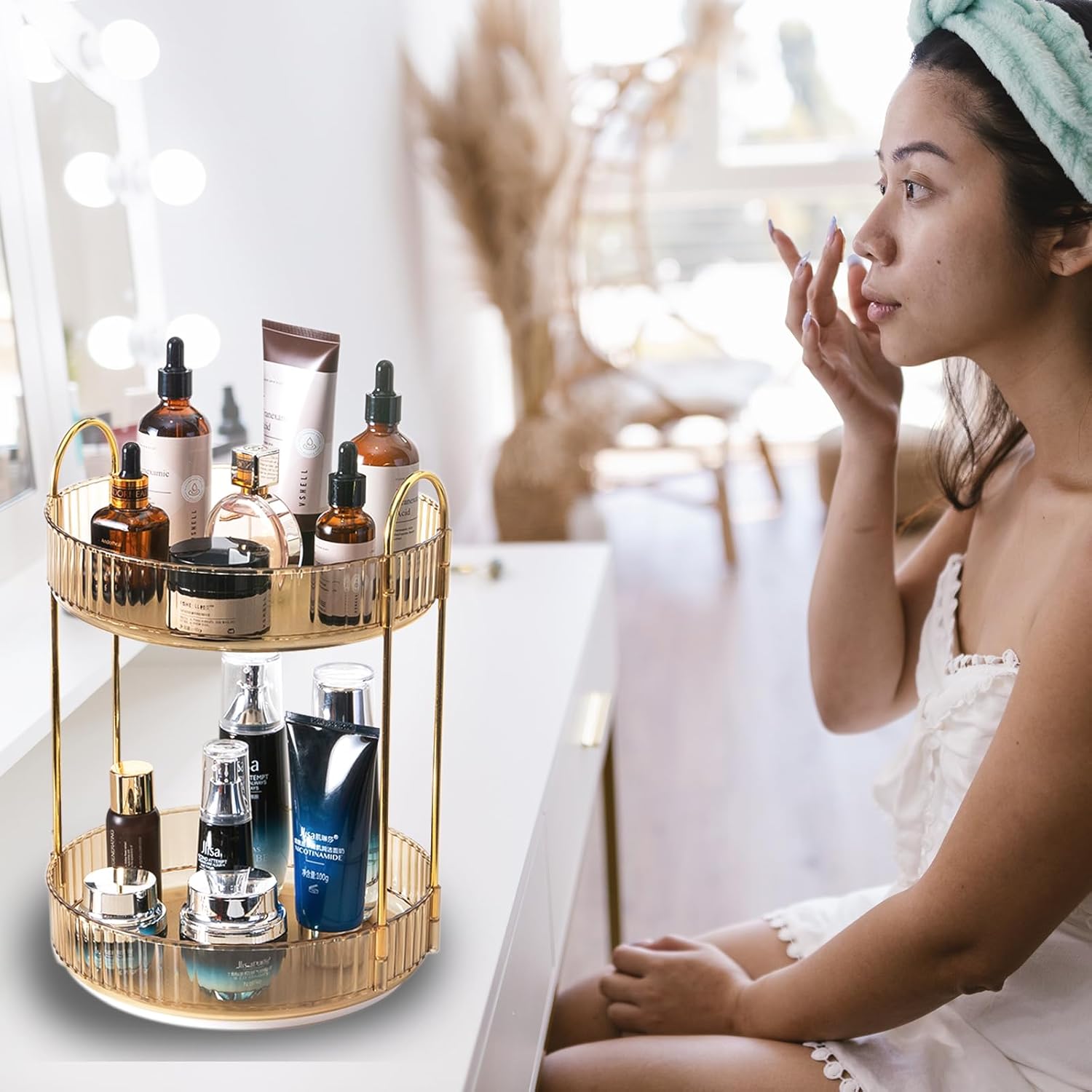 Skiennix Rotating Makeup Organizer - 2-Tier Clear Lazy Susan for Skincare & Perfume Storage | Amber Gold