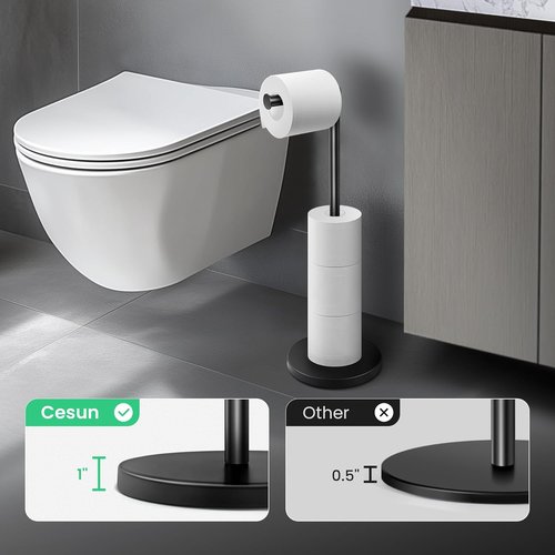 Cesun Bathroom Essentials Bundle - 1.6 Gallon Soft Close Trash Can & Toilet Paper Holder Stand | Matte Black Stainless Steel
