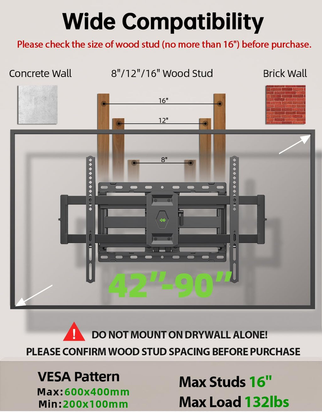 USX Mount Full Motion TV Wall Mount - Dual Swivel Articulating Tilt for 42-90 Inch TVs | VESA 600x400mm, Holds Up to 132lbs