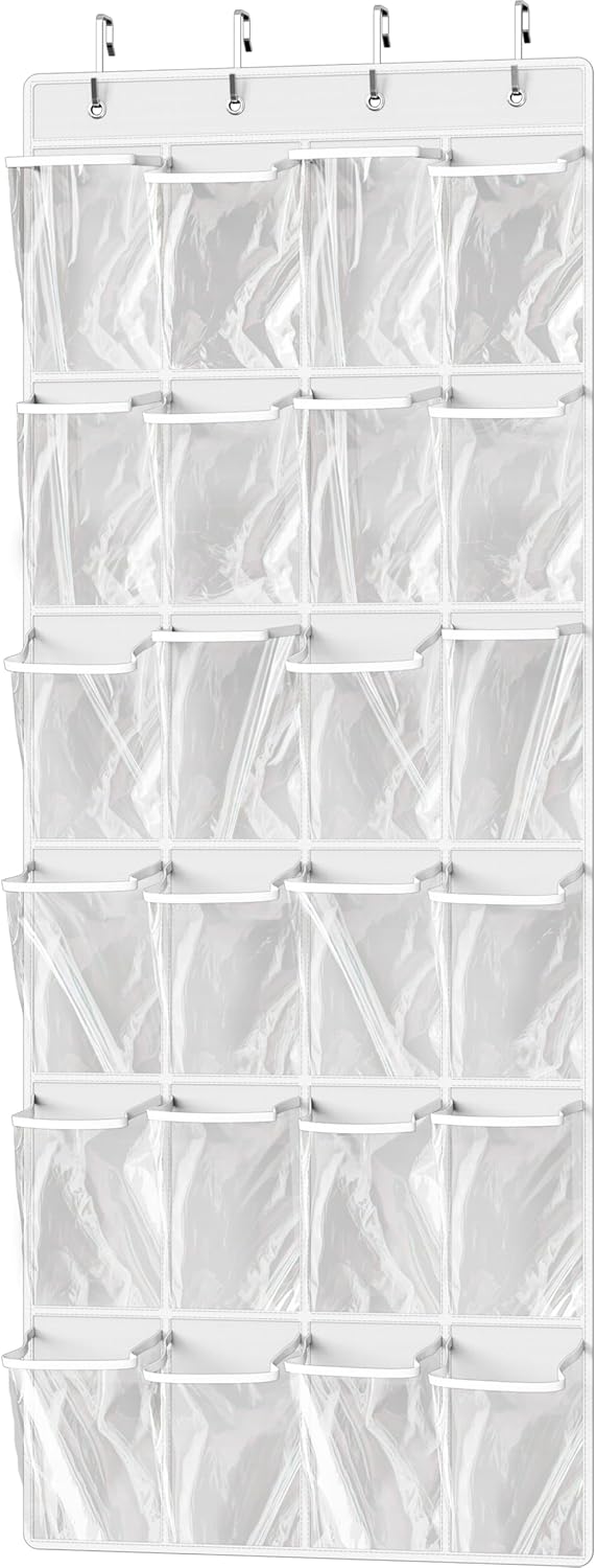 Simple Houseware Over The Door Shoe Organizer - 24 Clear Pockets, White (56" x 22.5")