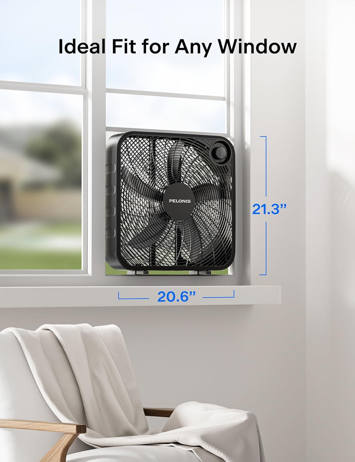 Pelonis 20 Inch Box Fan - 3 Speed Floor & Window Fan with Superior Air Throw (2295 CFM) - Lightweight & Versatile for Home or Office