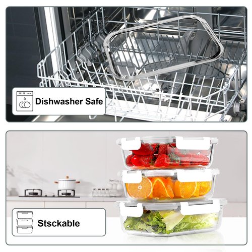 VERONES 10 Pack 22 OZ Glass Meal Prep Containers, Airtight Glass Lunch Containers Set, Food Storage Containers with Lids,BPA Free, for Microwave, Oven, Freezer & Dishwasher Friendly,White