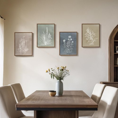 Framed Boho Botanical Wall Art - 4 Piece Rustic Floral Canvas Prints for Modern Farmhouse Decor