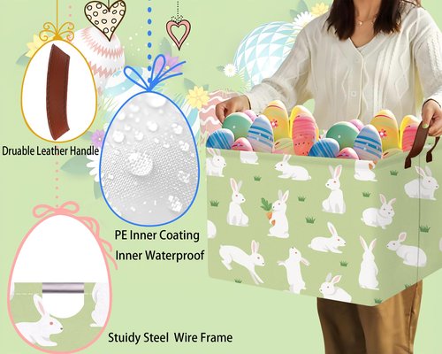 BOOHIT Large Easter Baskets Empty Boy Toy Storage Bin Girls collapsible kid Hamper Baby Waterproof Storage Box Spring Gifts Decor(White Rabbit Holding Carrot)