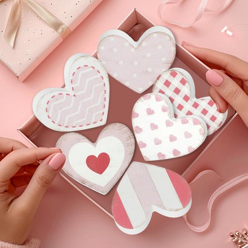 6Pcs Valentine's Day Wooden Hearts Tiered Tray Decor, Farmhouse Distressed Pink Heart Shaped Love Signs Table Decor for Home Office Tabletop