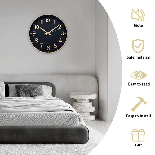 HZDHCLH Wall Clocks Battery Operated,Wall Clock Black Gold,8 inch Wall Clock Silent Non Ticking Modern 3D Numbers for Kitchen Bedroom Living Room Office Classroom Decor