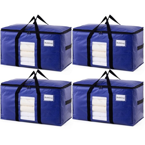 TAILI 4 Pack Dark Blue Extra Large Moving Bags, Heavy Duty Totes with Visible Window, Wrap Around Handles, Great for Storage