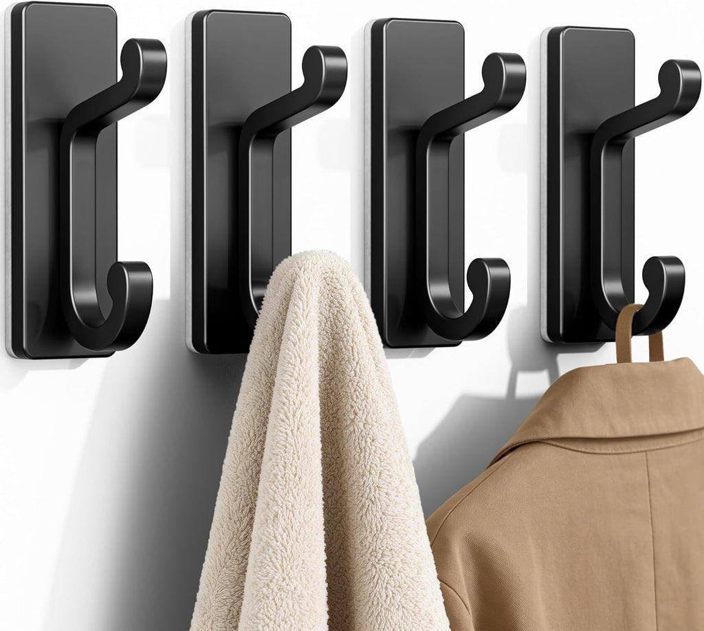 Skiennix Self-Adhesive Wall Hooks - Heavy-Duty Sticky Hangers for Clothes & Towels | 4 Pack, Black