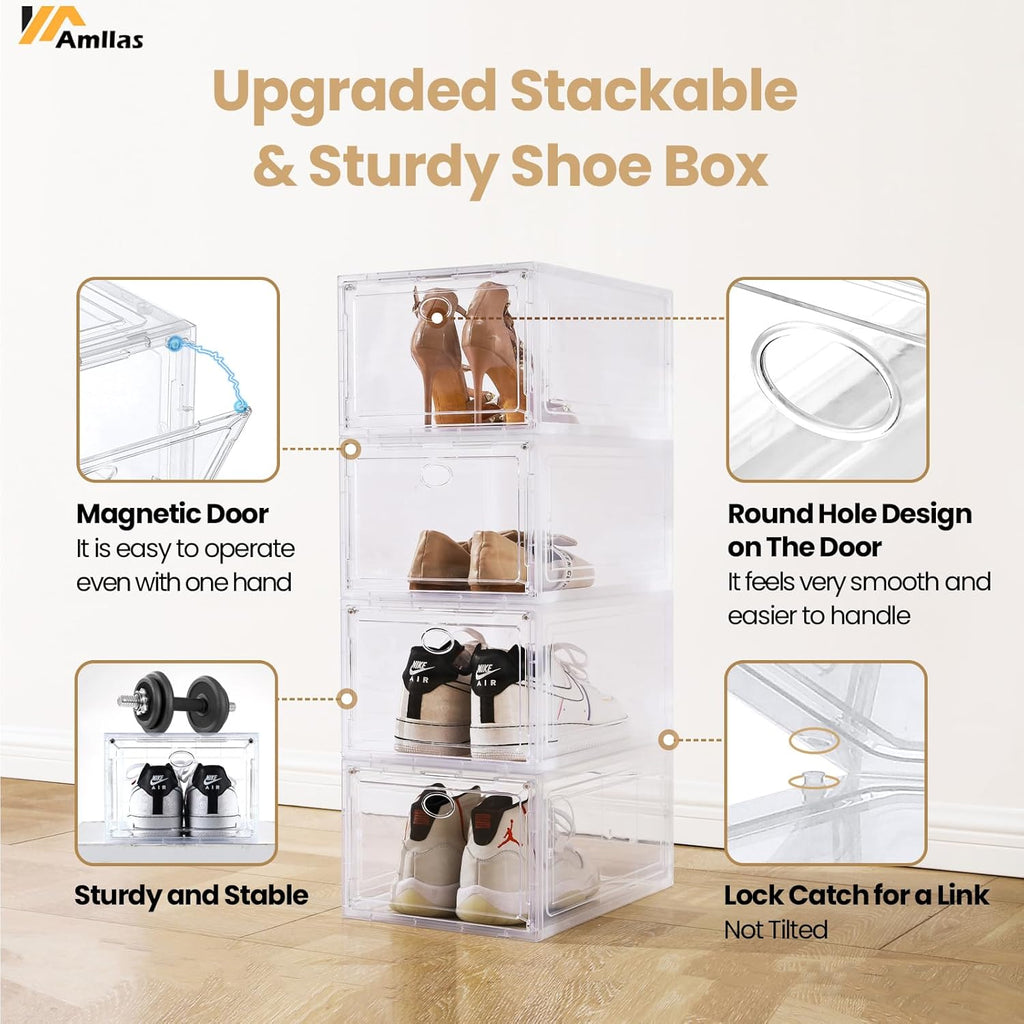 Amllas Clear Shoe Storage Boxes - Stackable & Sturdy Containers for Closet | Fits Up to US Size 12 (13.8”x 9.84”x 7.1”)