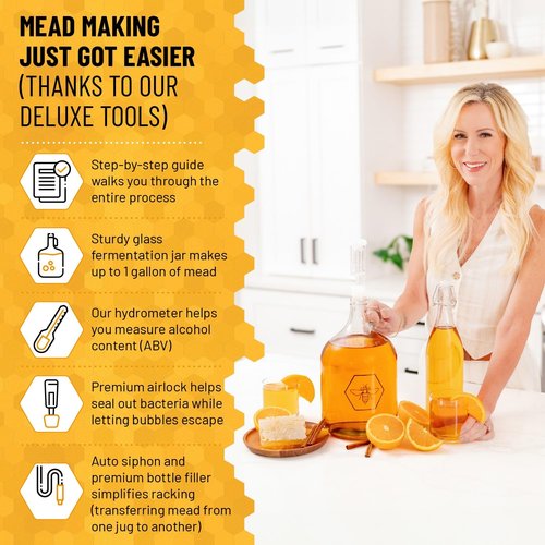 Complete Mead Making Kit for Beginners – Home Brewing Starter Kit – Includes 1 Gallon Glass Jug Carboy - Alcohol Hydrometer for Alcohol Test – Auto Siphon – Airlock – How to Guide and More