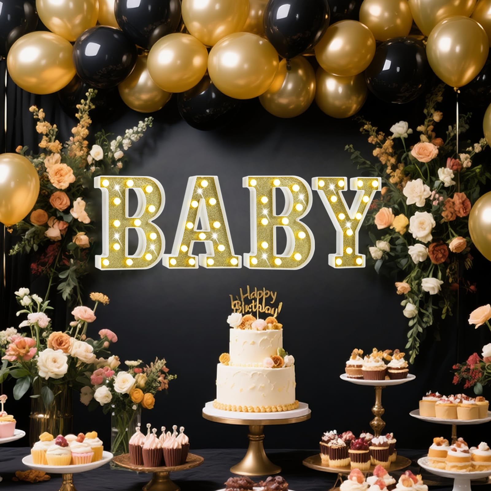Pooqla BABY Marquee Light Up Letter Set, Gold Glitter Glowing Letters for Baby Shower Girl Boy Birthday Party Backdrop, LED Light Up Letter for Gender Reveal Home Bedroom Nursery Table Wall Decor