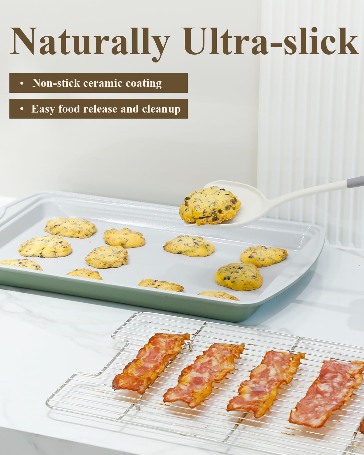 Nonstick Crisp Baking Tray - Ceramic Coating Jelly Roll Cookie Sheet Pan | 15x10, PTFE & PFOA Free, Oven Safe 550°F, Dishwasher Safe, Pistachio Green