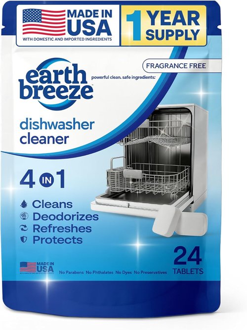Earth Breeze Dishwasher Cleaner Tablets - 4-in-1 Formula Cleans, Deodorizes & Protects | Fragrance-Free, Safe for All Dishwashers
