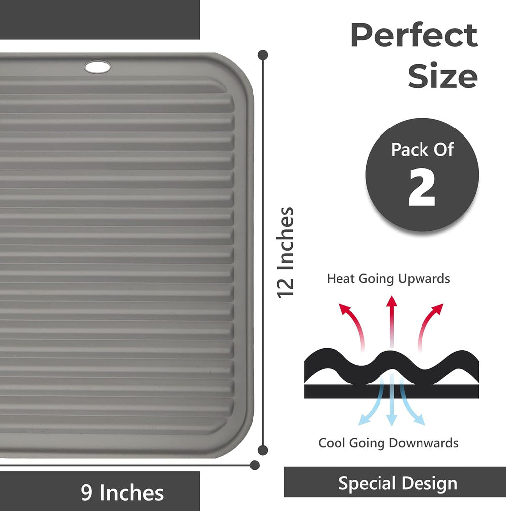 Silicone Trivets | Heat-Resistant Pot Holders for Hot Dishes - 2 Pack (9 x 12 Inch) - Grey Counter Mats