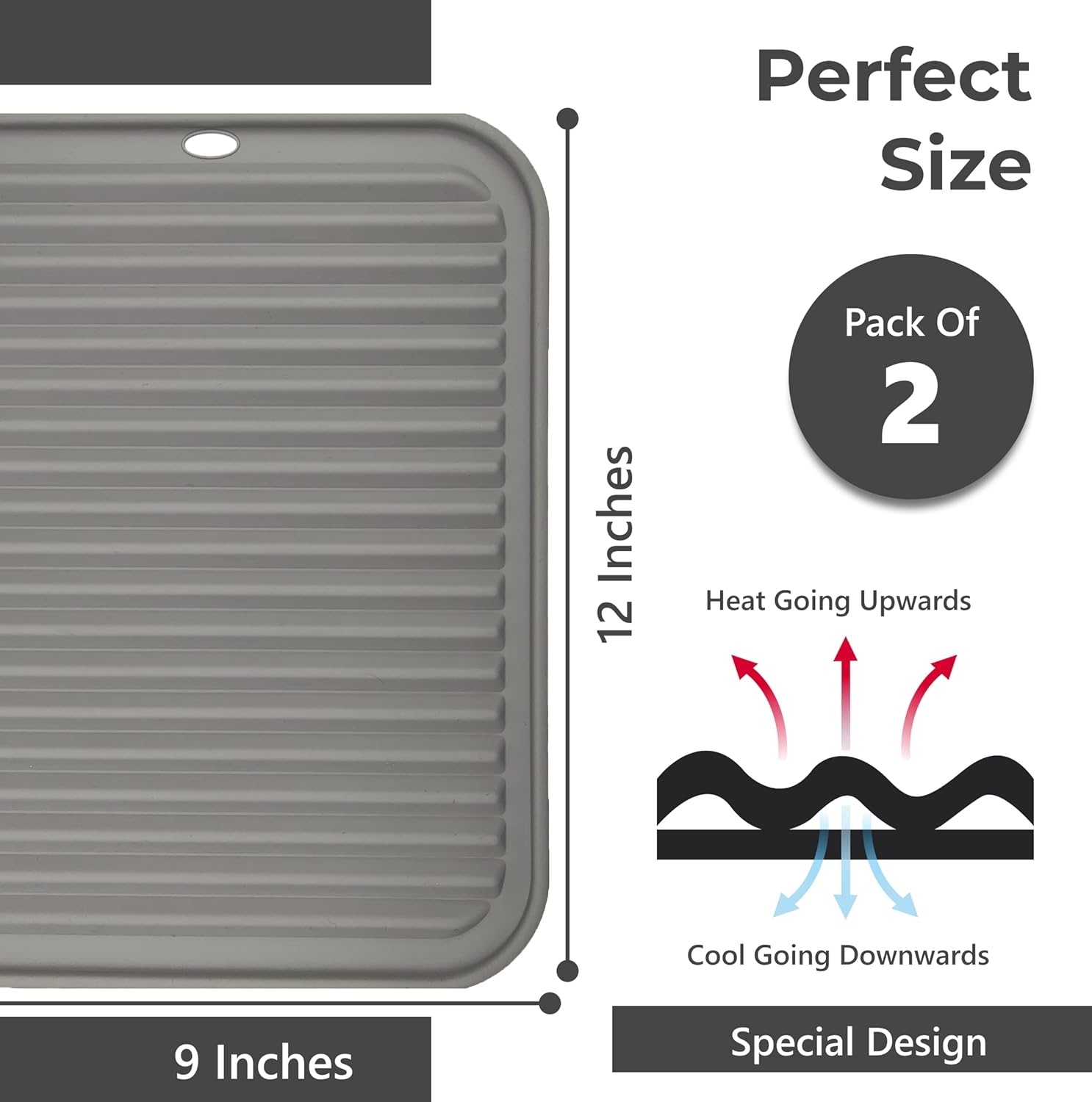 Silicone Trivets | Heat-Resistant Pot Holders for Hot Dishes - 2 Pack (9 x 12 Inch) - Grey Counter Mats
