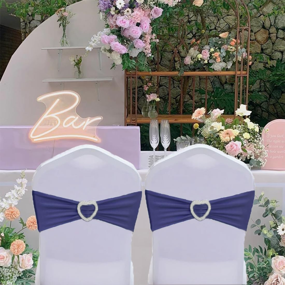 Skiennix Navy Blue Chair Sashes - 30 Pack Universal Elastic Bows with Heart Buckle for Weddings & Events