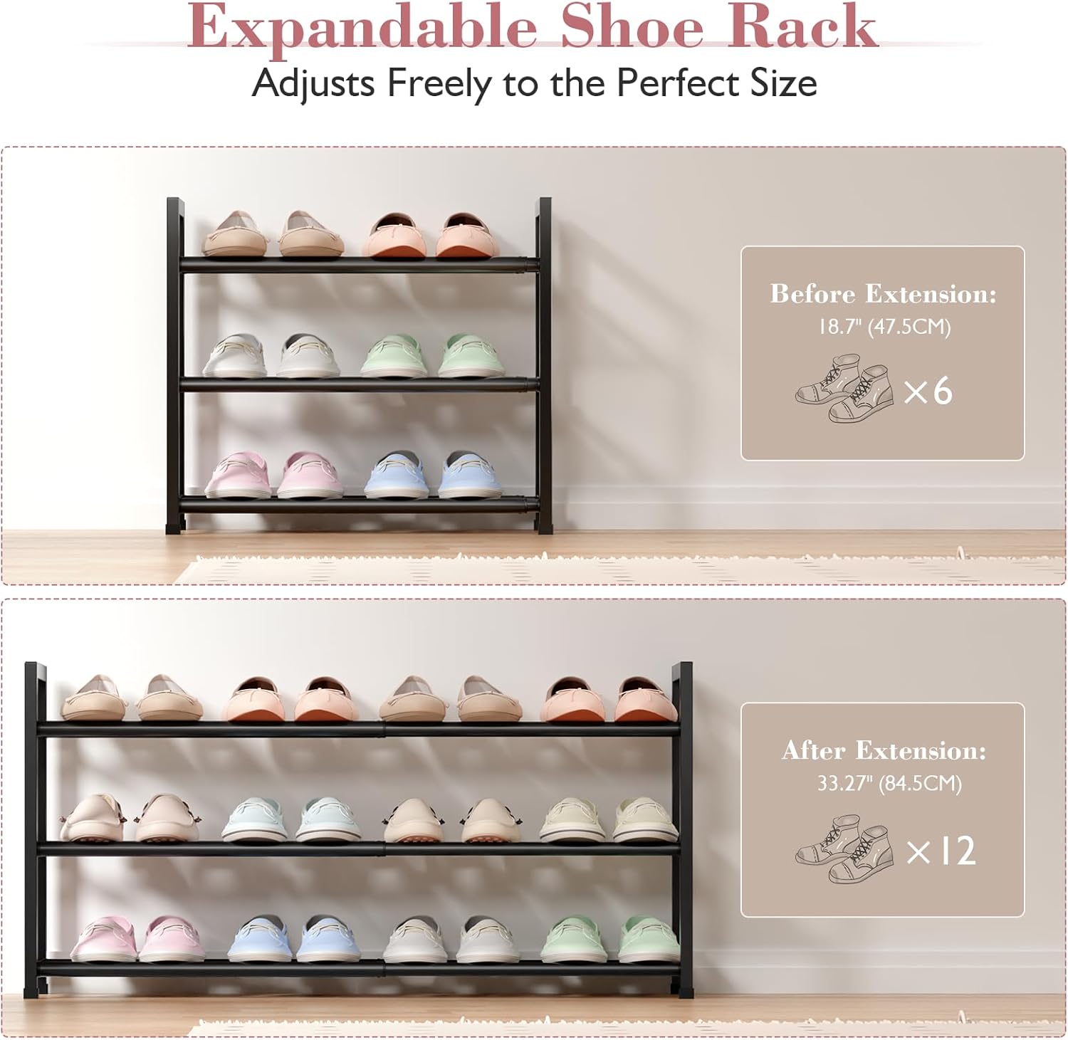 Bumusty 3-Tier Expandable Shoe Rack - Adjustable 18"-33" Organizer for Small Spaces, Sturdy Metal, Black