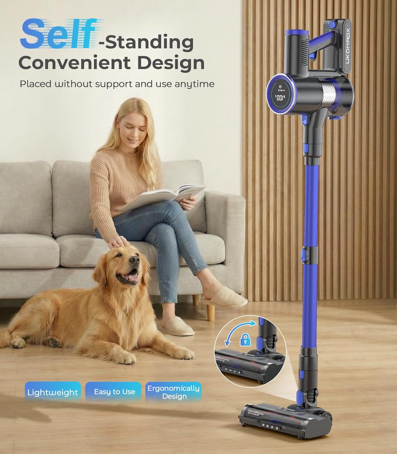 Skiennix Cordless Vacuum Cleaner - 550W Power, 50KPa Suction, 45 Minutes Runtime | Anti-Tangle Brush & LED Display for Hardwood, Carpet, Pet Hair