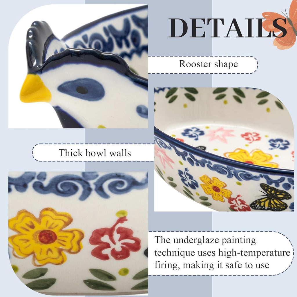 Uiifan 27 Oz Ceramic Casserole Dish - Vintage Chicken Shape Bakeware with Butterfly & Flower Design