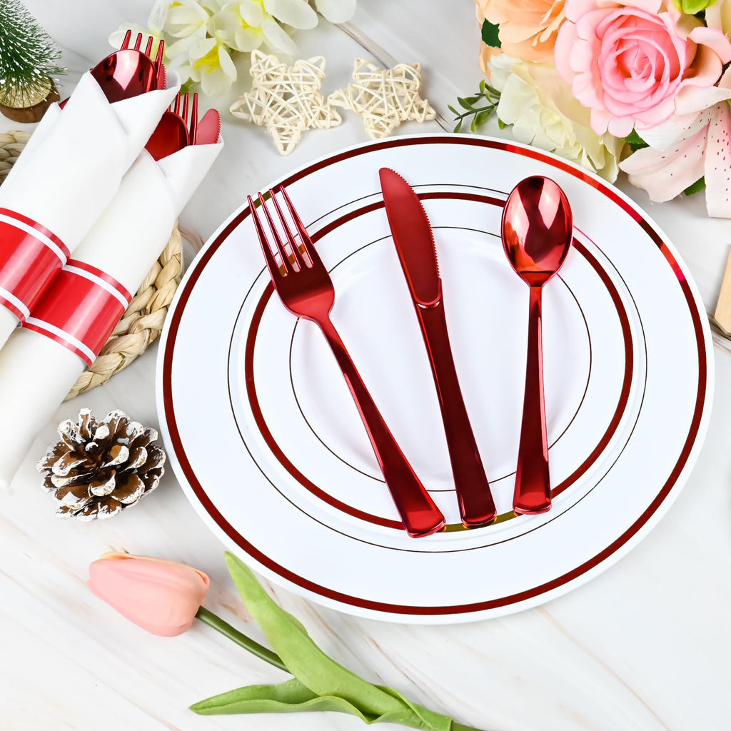 100Pack Red Pre Rolled Plastic Silverware - Wrapped Red Disposable Cutlery with Napkins, Heavy Duty Rolled Plastic Silverware Set, Disposable Utensils with Dinner Napkins for Valentine's Day