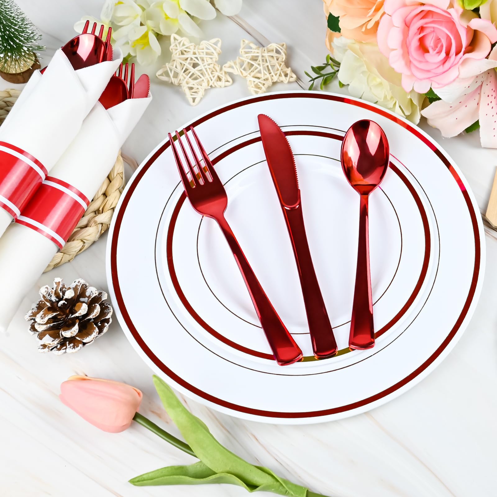 100Pack Red Pre Rolled Plastic Silverware - Wrapped Red Disposable Cutlery with Napkins, Heavy Duty Rolled Plastic Silverware Set, Disposable Utensils with Dinner Napkins for Valentine's Day