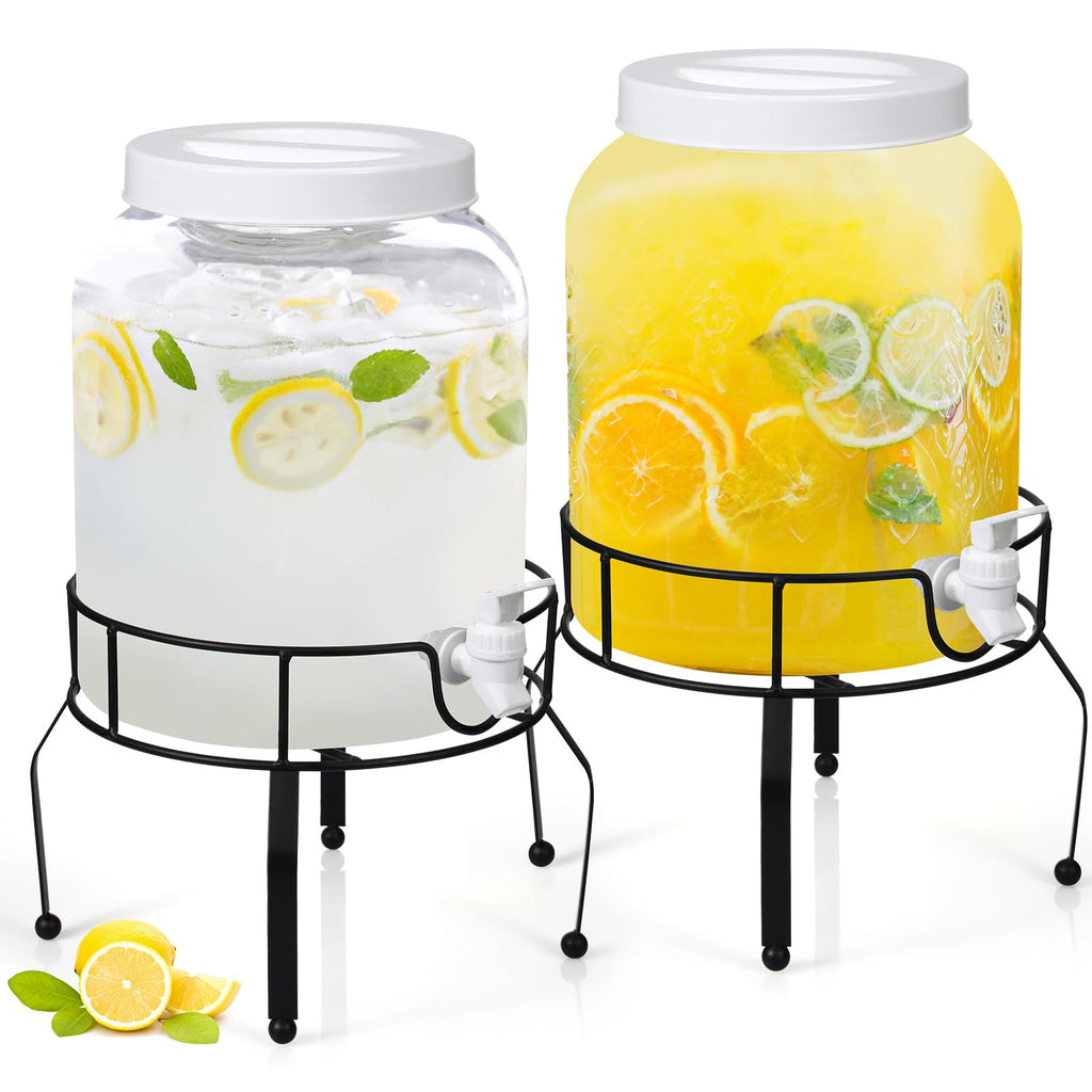 Tanlade 2 Pack 2 Gallon Plastic Drink Dispenser with Stand Beverage Dispenser with Sturdy Metal Base Juice Dispensers Drink Jar with Spigot for Weddings Parties Lemonade Tea Countertop