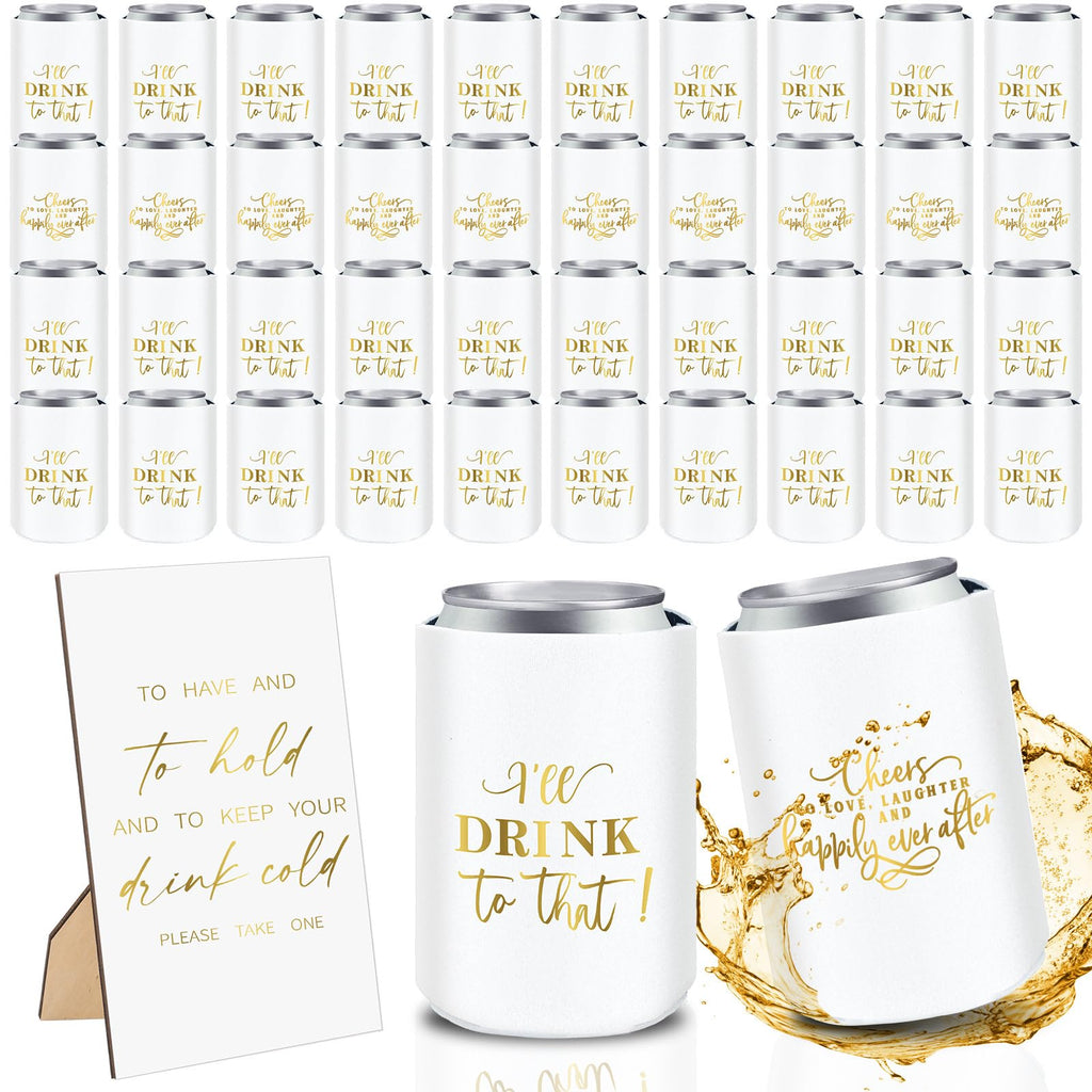 SiliFine 101 Pcs Wedding Can Cooler Bulk Engagement Party Favors for 100 Guests Cheers to Love Laughter, and I'll Drink Can Cooler with 1 Pcs Wooden Wedding Table Sign Bridal Shower Favor(White)