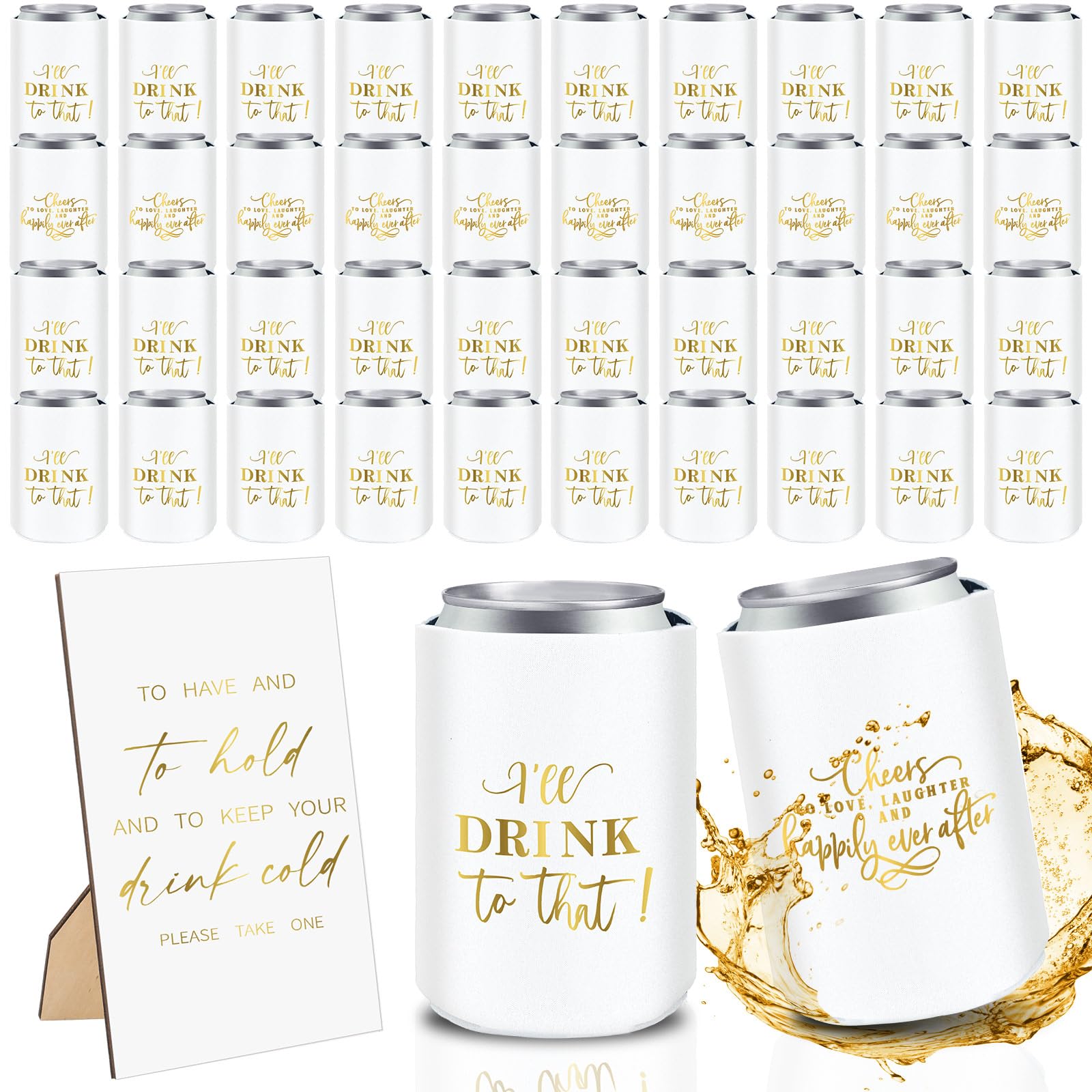 SiliFine 101 Pcs Wedding Can Cooler Bulk Engagement Party Favors for 100 Guests Cheers to Love Laughter, and I'll Drink Can Cooler with 1 Pcs Wooden Wedding Table Sign Bridal Shower Favor(White)