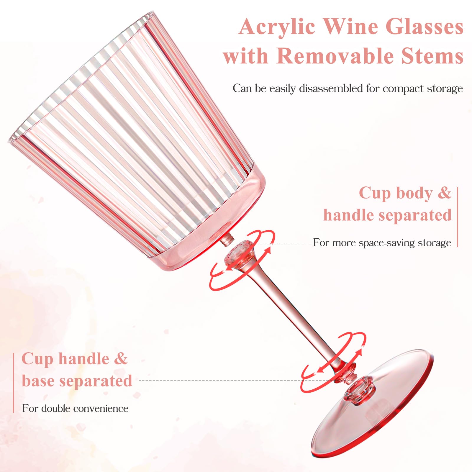 24 PCS Pink Plastic Wine Glasses with Removable Stems 13.5 OZ Ribbed Wine Glass Set Square White Wine Glasses Muted Pastel Colors Goblets Elegant Fluted Glassware for Wedding(Pink, 24 Pack)