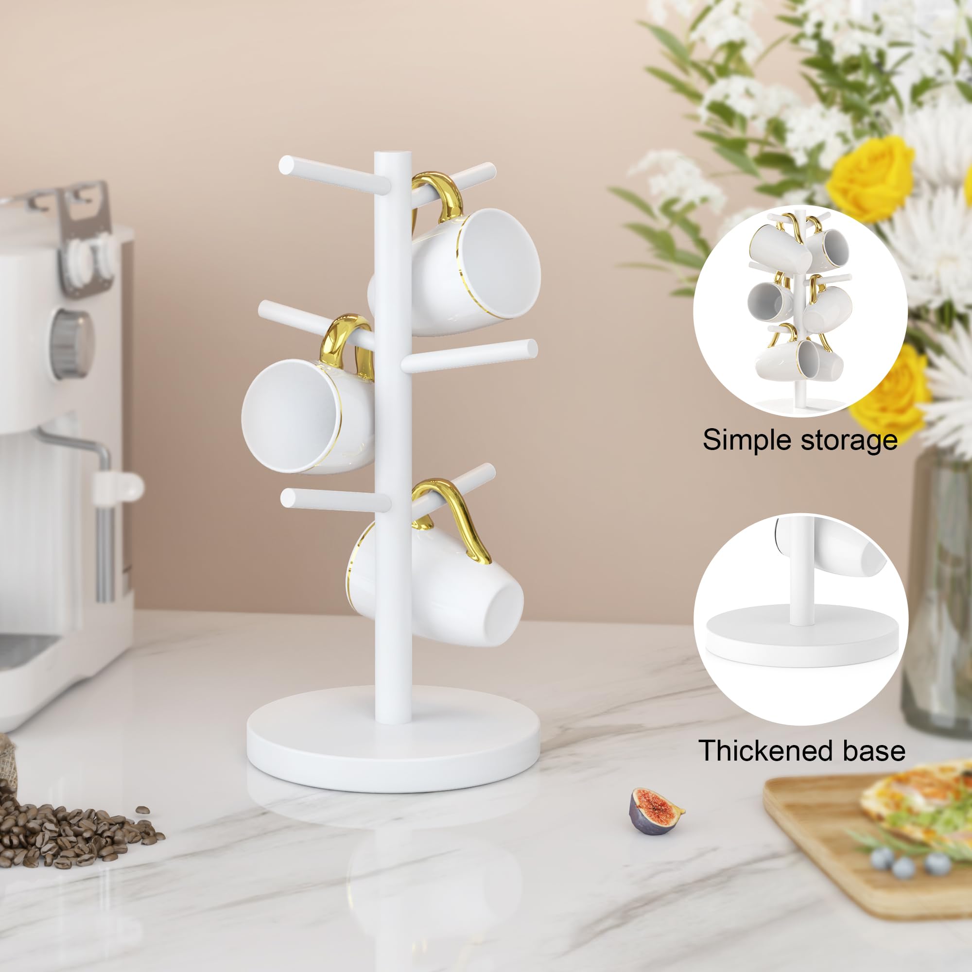 Wisuce White Coffee Mug Tree, Updated Thick Bamboo Mug Holder Base,Coffee Cup Stand Mug Holders with 6 Hooks for Countertop Organizer Stand