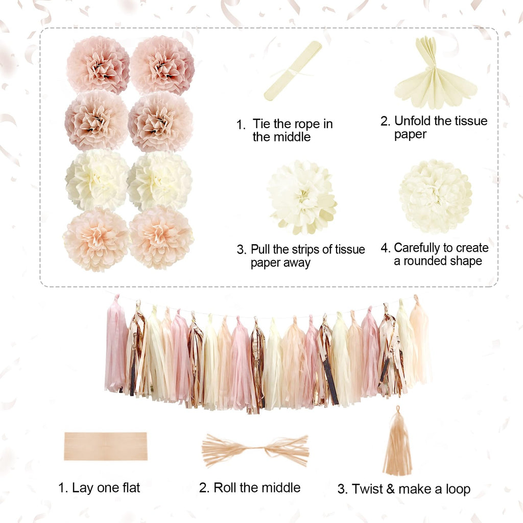 Iysoll Blush Beige Birthday Party Decorations Boho Happy Birthday Decorations Banner Retro Pink Nude Ivory Balloon Paper Pom Poms Tassel Garland Décor Supplies for Girls Women